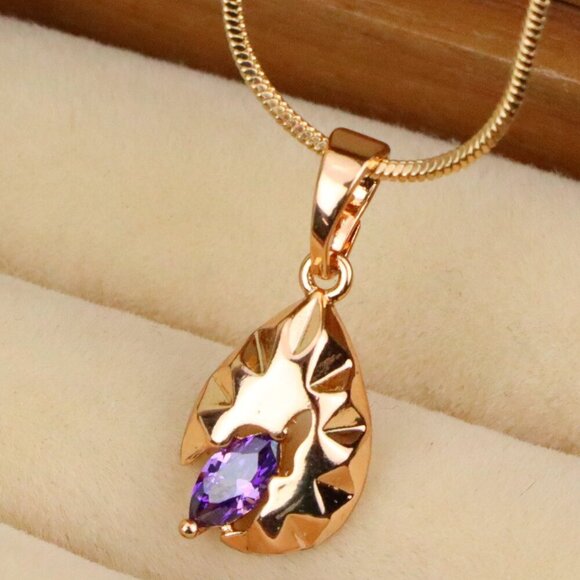 "Gold Teardrop Pendant with Marquise Purple Stone and Artistic Texture, XPPT1723 - Picture 1 of 13